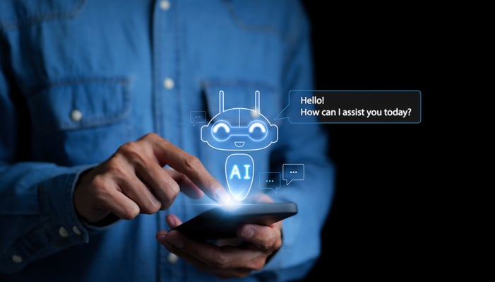 man using smart phone with an AI assistant chat bot