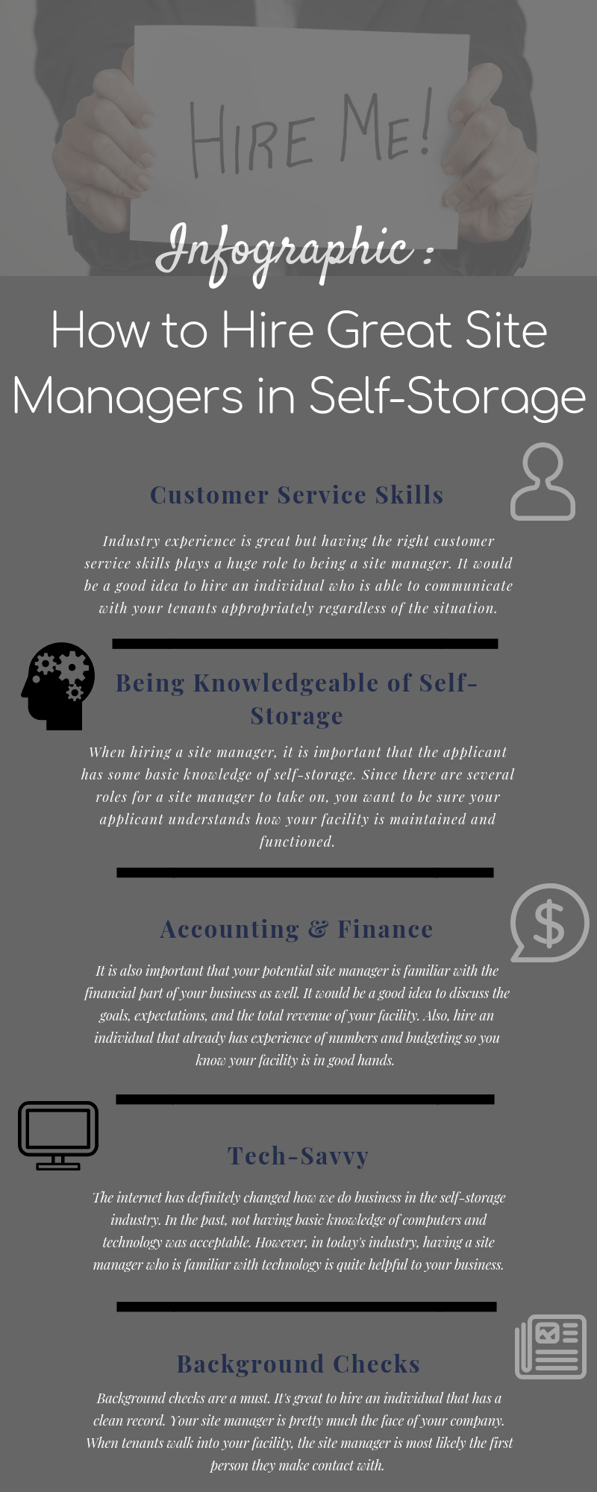 Infographic explaining 5 things to look for in a self storage site manager