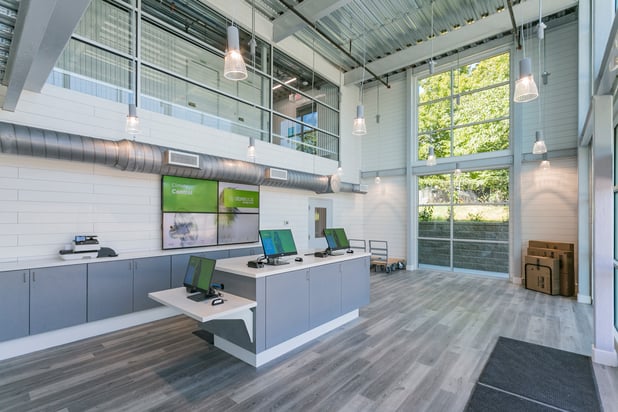 Reception area with self serve kiosks at Storelocal Self Storage Brentwood, TN