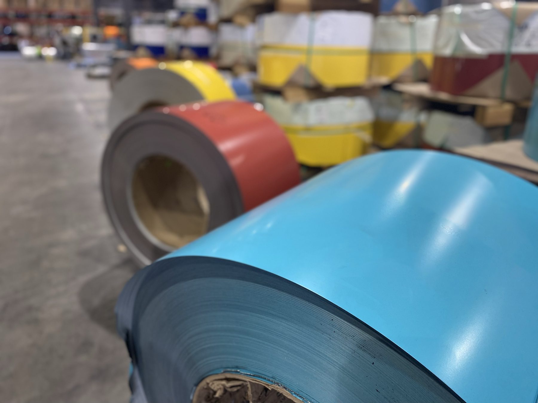 Rolls of painted steel coil in a Janus plant