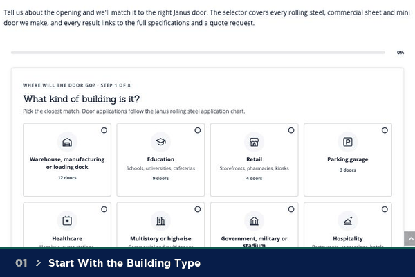 Janus Door Selector Tool: pick the building type, answer spec questions and see every Janus door that fits