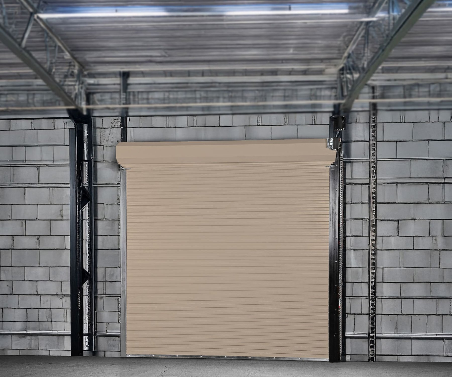 Janus 500i Series tan insulated rolling fire door in a block wall