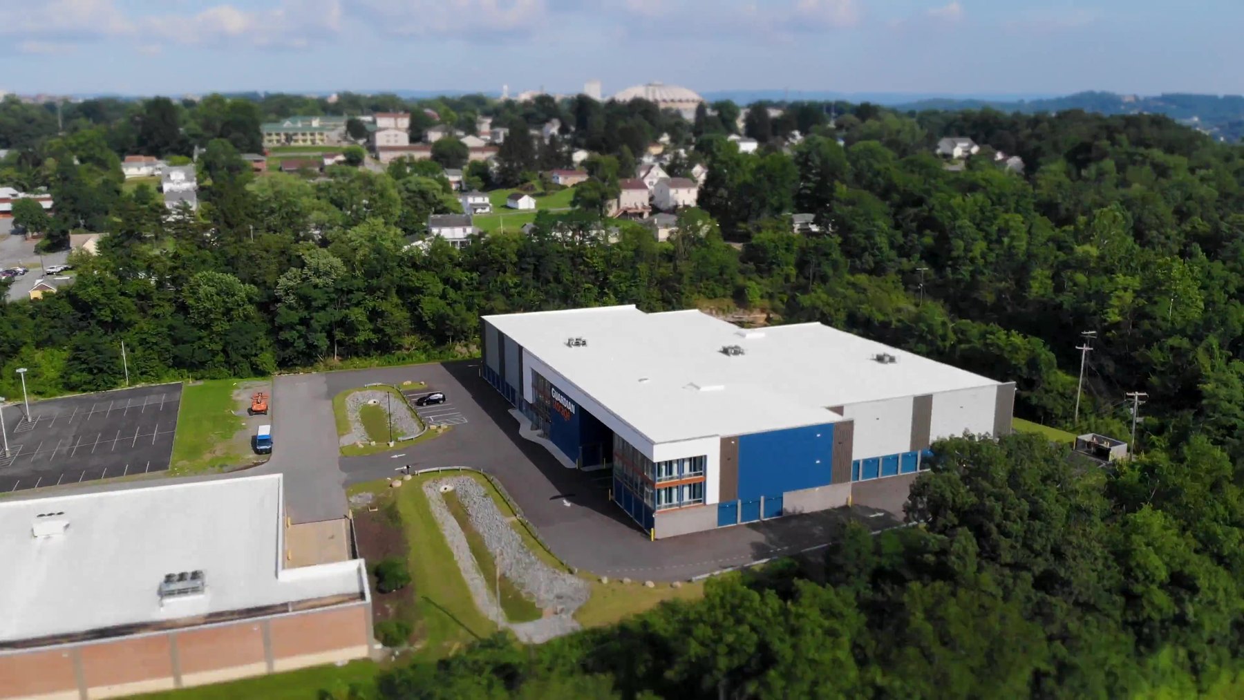 Aerial view of Guardian Storage in Morgantown, WV, built with Janus doors, hallways and Nokē Smart Entry