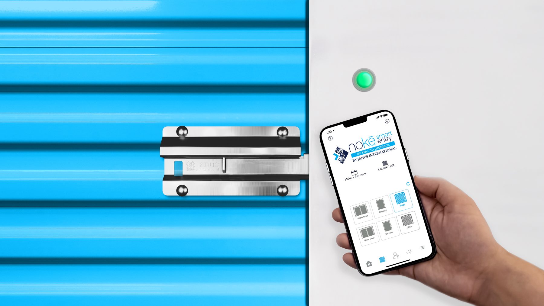 Tenant opening a Nokē Ion smart lock on a Smart Blue Janus roll-up door from the Nokē app