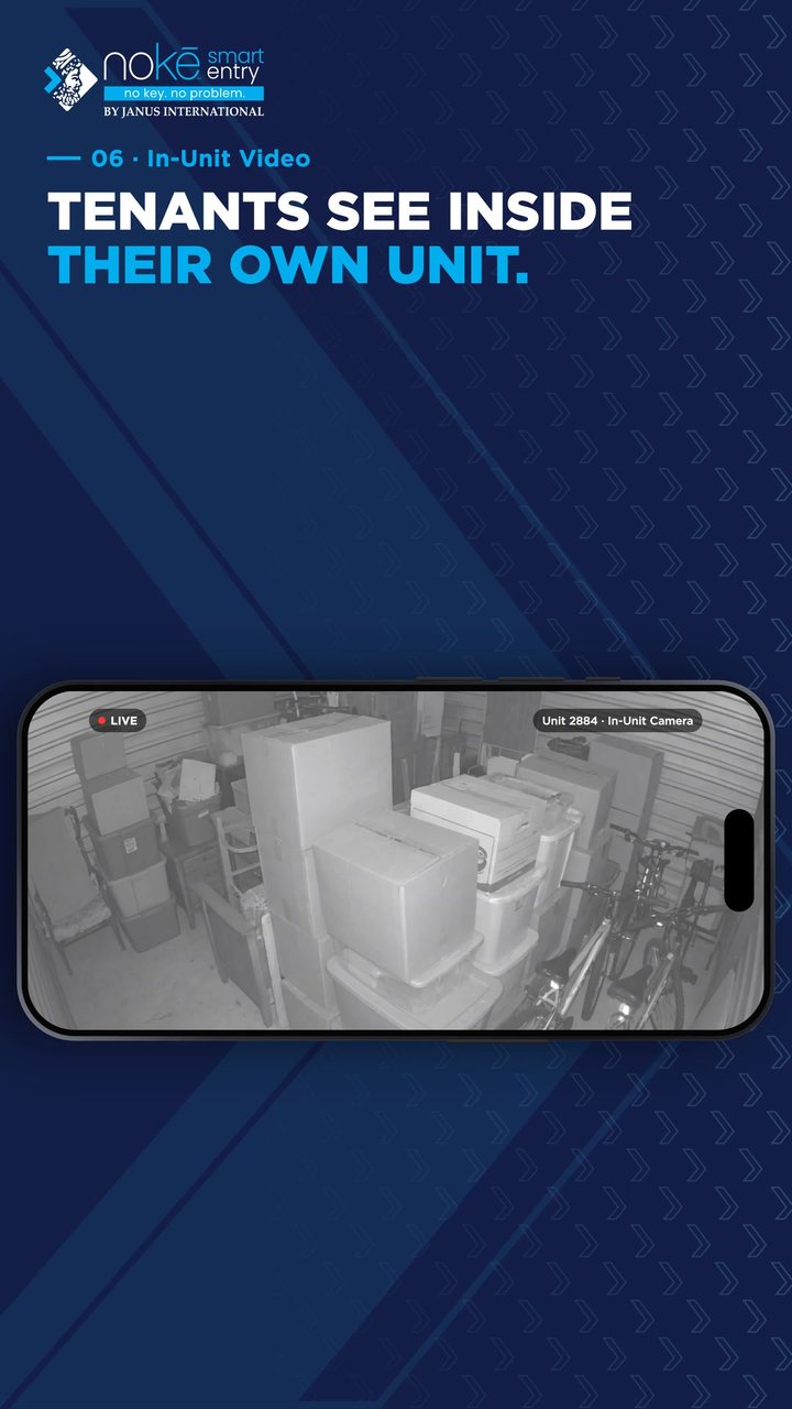 Nokē app showing live in-unit video with the headline Tenants See Inside Their Own Unit