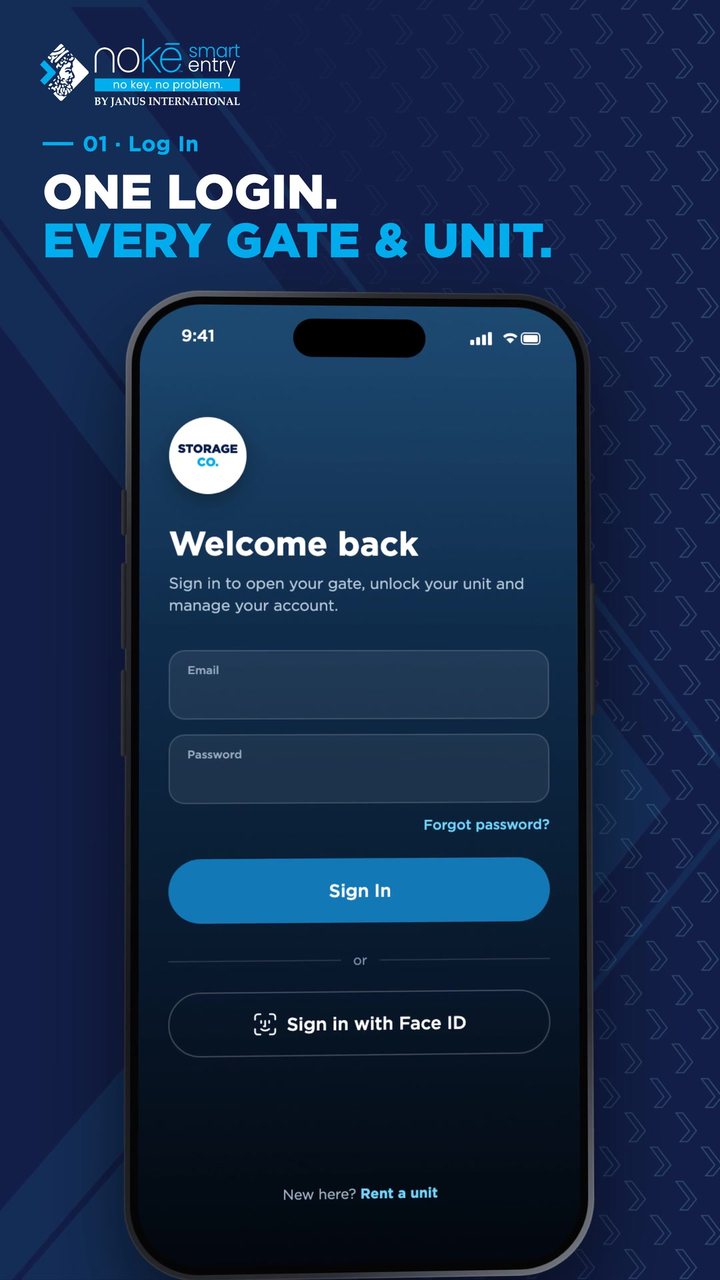 Nokē app sign-in screen with the headline One Login. Every Gate and Unit.