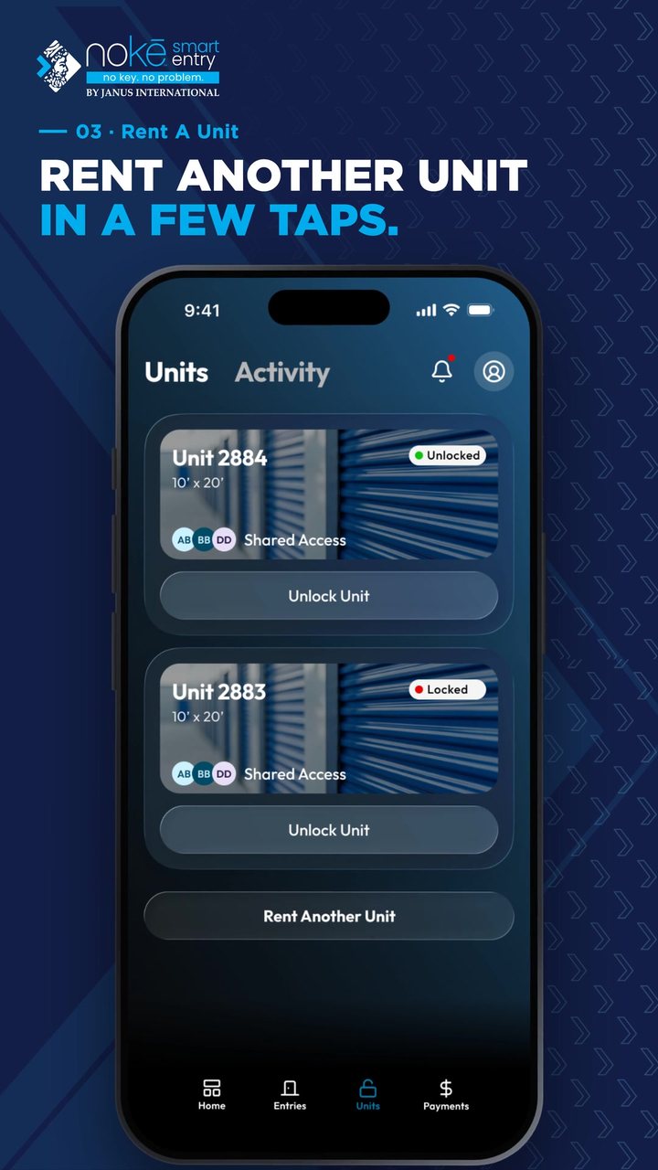 Nokē app units screen with the headline Rent Another Unit in a Few Taps
