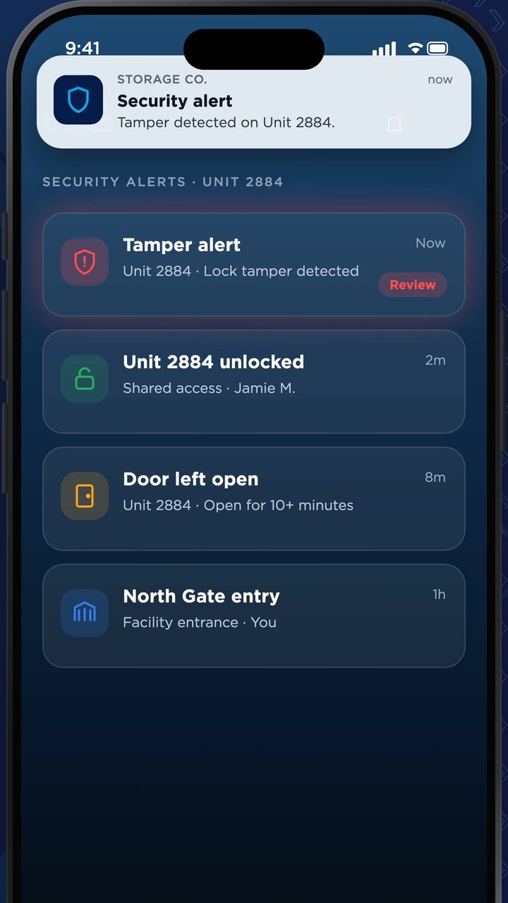 Nokē app security alerts for a tamper alert, shared access, a door left open and gate entry