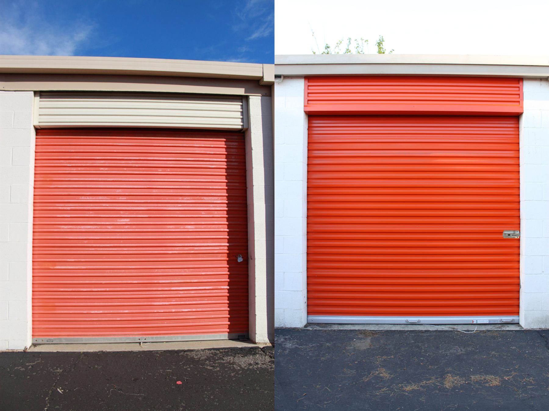 Before and after: a faded self-storage door replaced with a new red Janus roll-up door