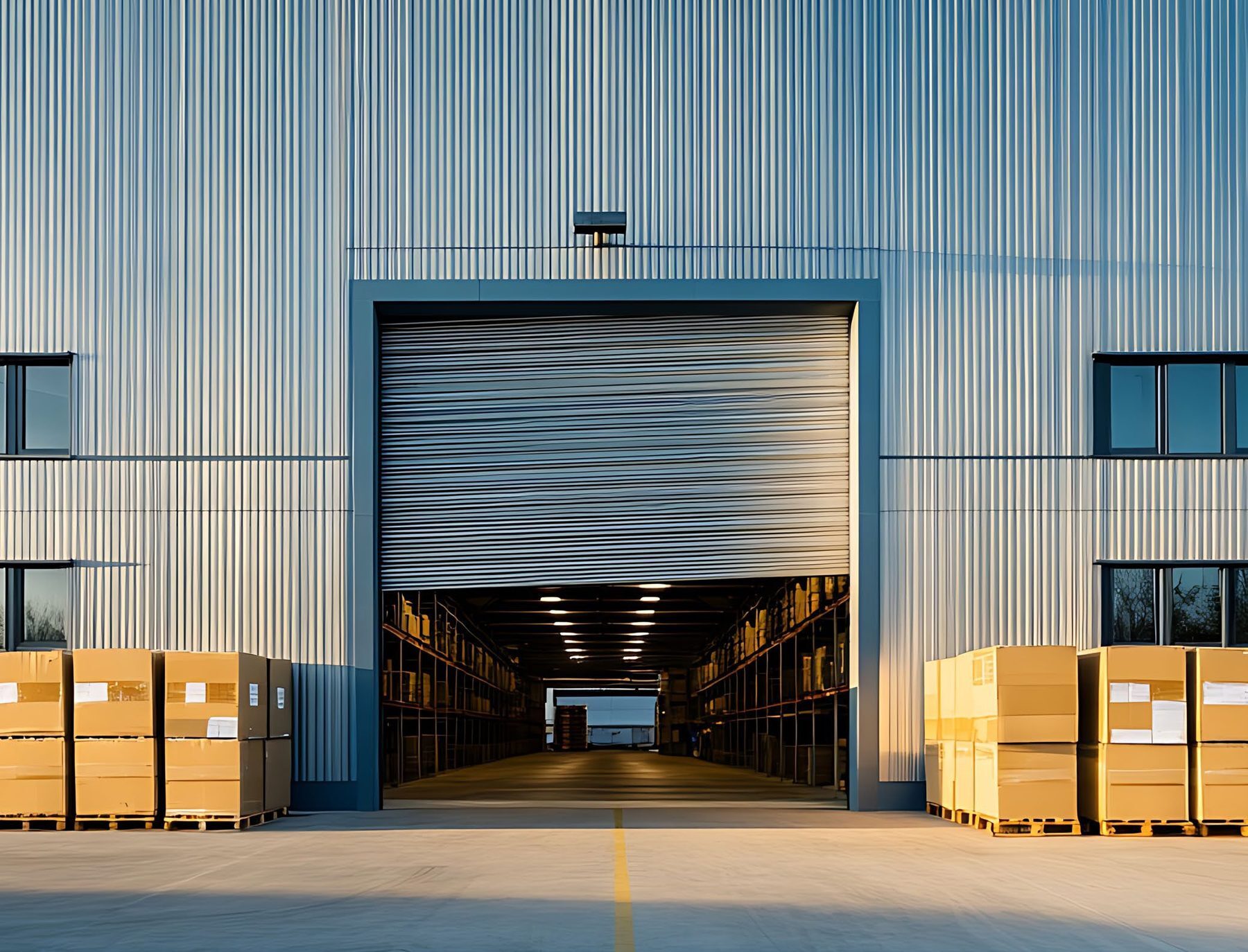 Open Janus rolling steel service door at a warehouse loading entrance