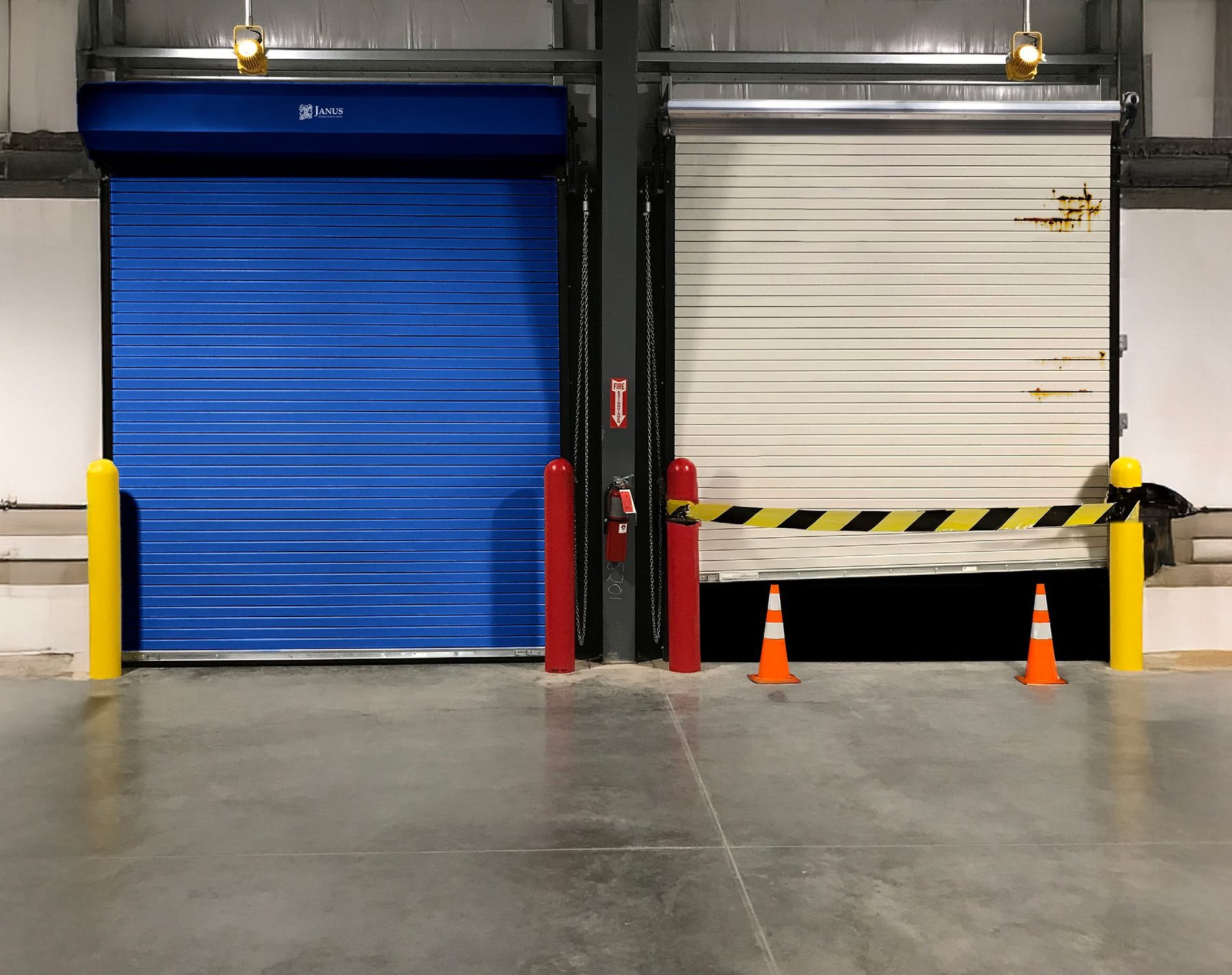 Blue Janus 400HP high performance door inside a warehouse