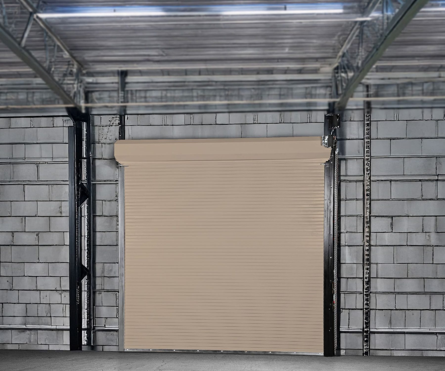 Tan Janus 500i insulated rolling fire door in a block wall