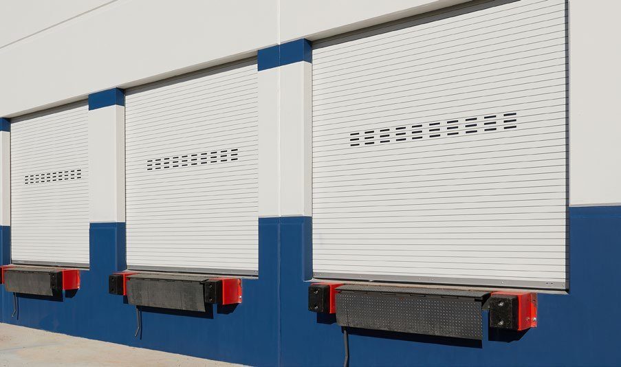 White Janus rolling service doors with vision panels over dock levelers