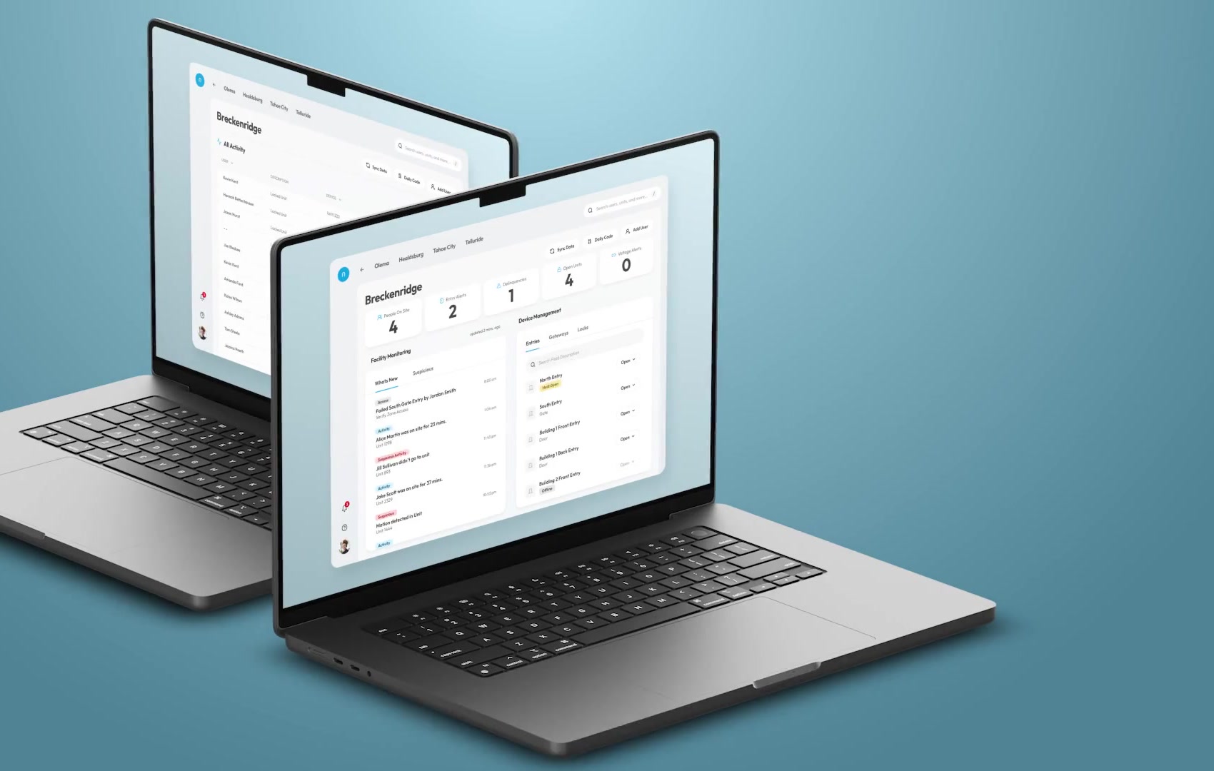 Nokē Portal facility dashboards on two laptops