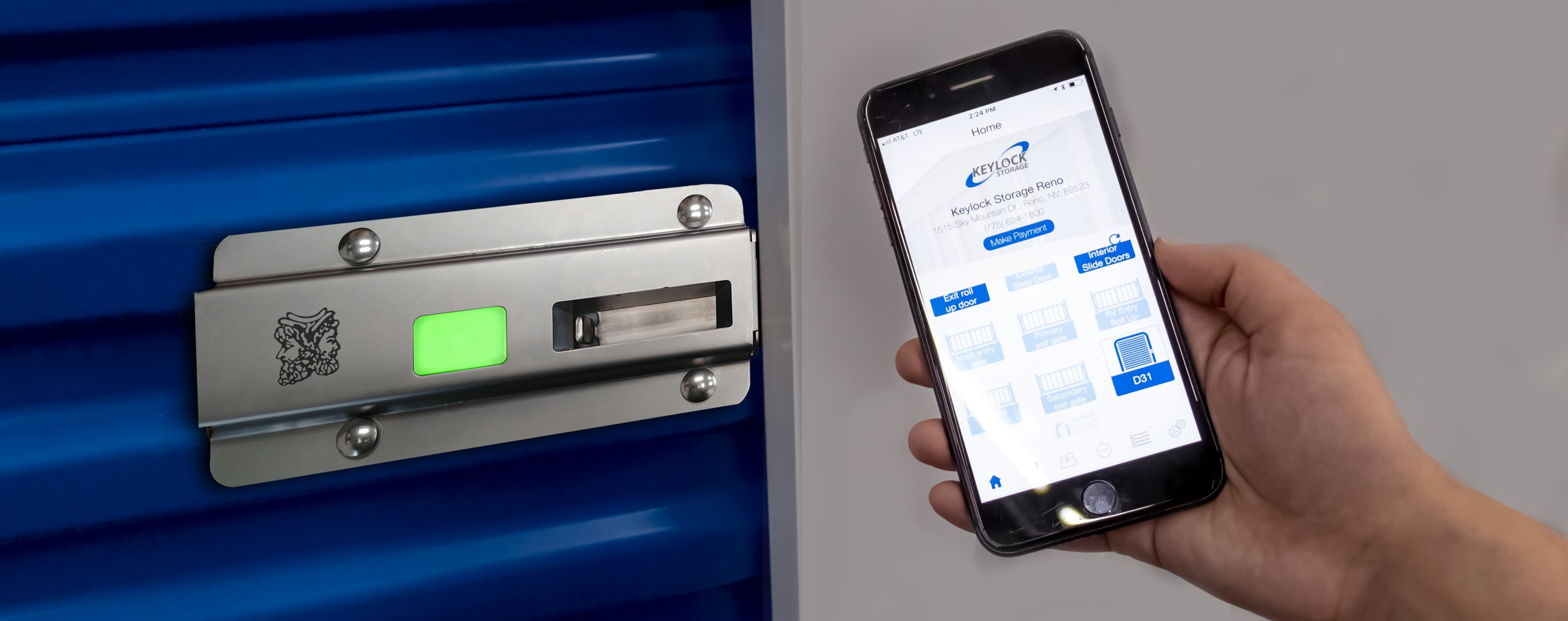 Noke ONE Smart Lock on Self-Storage Unit being unlocked with Smart Phone App