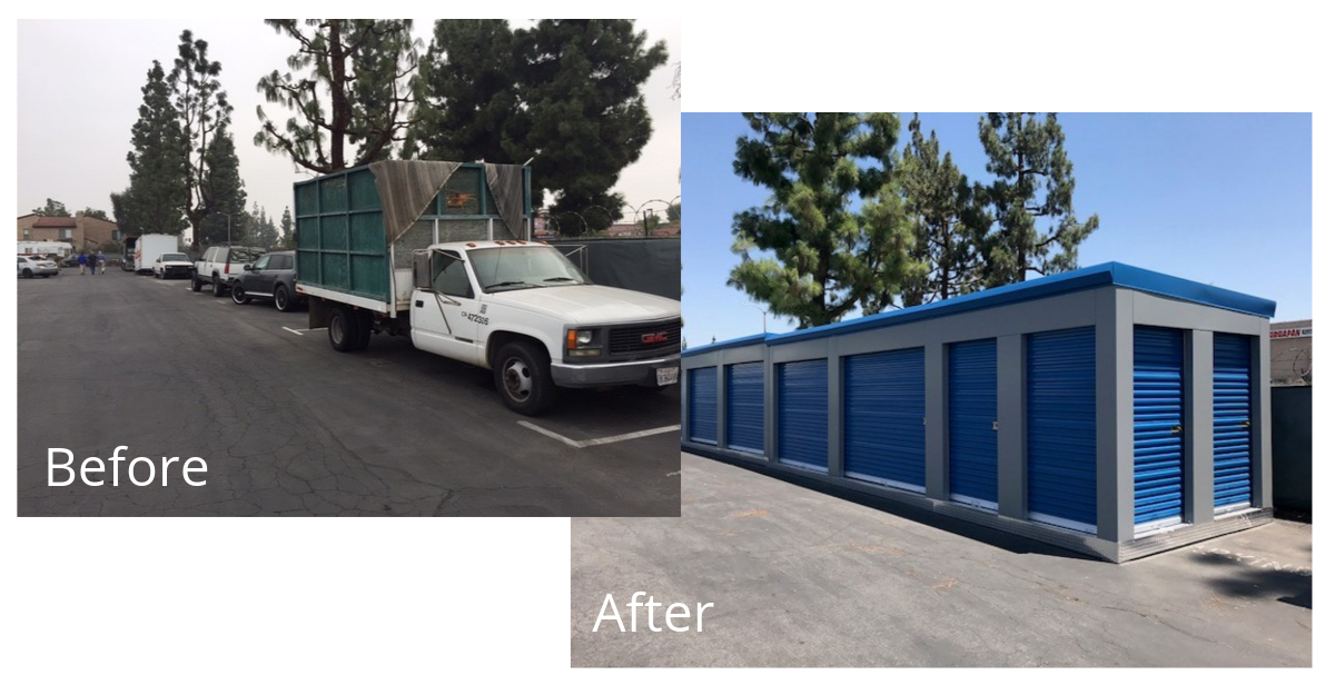 Parking lot before and after installing MASS relocatable storage units