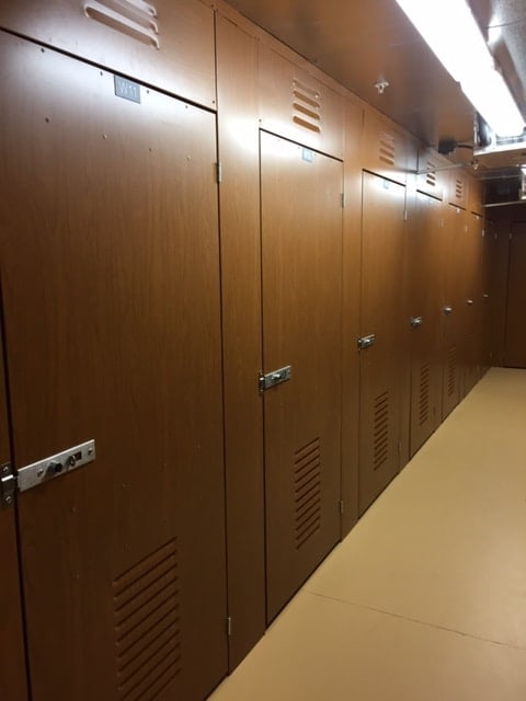 Hallway with wood pattern steel and self-storage doors 