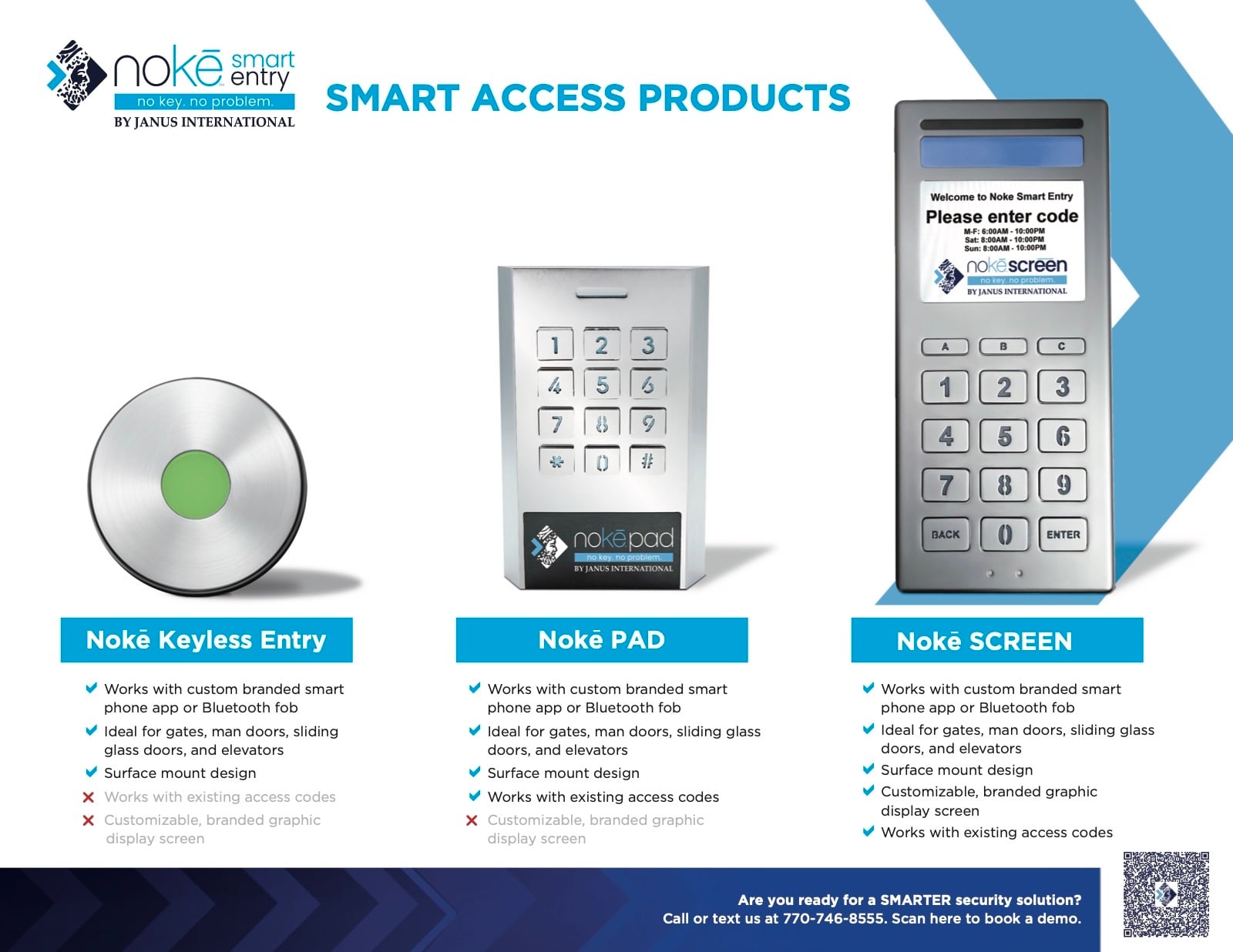 Nokē smart keypad comparison sheet: Nokē Keyless Entry, Nokē Pad and Nokē Screen